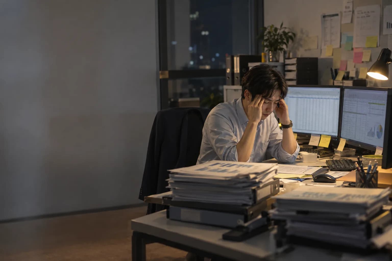 늦은 저녁까지 엑셀 자료와 서류 더미 사이에서 업무를 정리하는 실무자의 실사풍 이미지