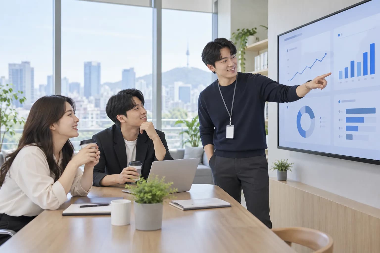 자동으로 집계된 대시보드를 보며 여유 있게 다음 전략을 논의하는 팀의 실사풍 이미지