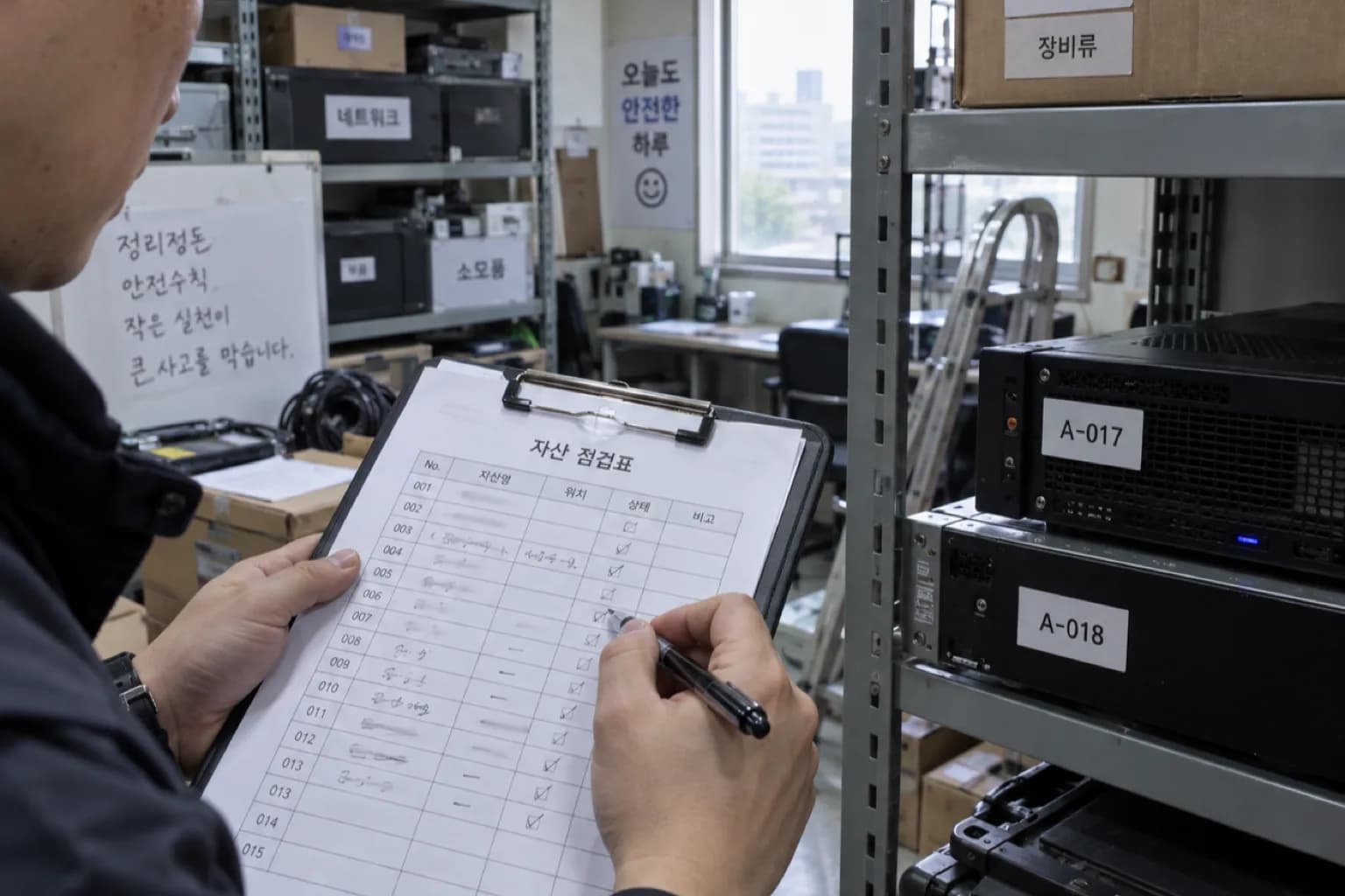 비품실에서 종이 자산 점검표와 장비 라벨을 하나씩 대조하는 실사풍 이미지