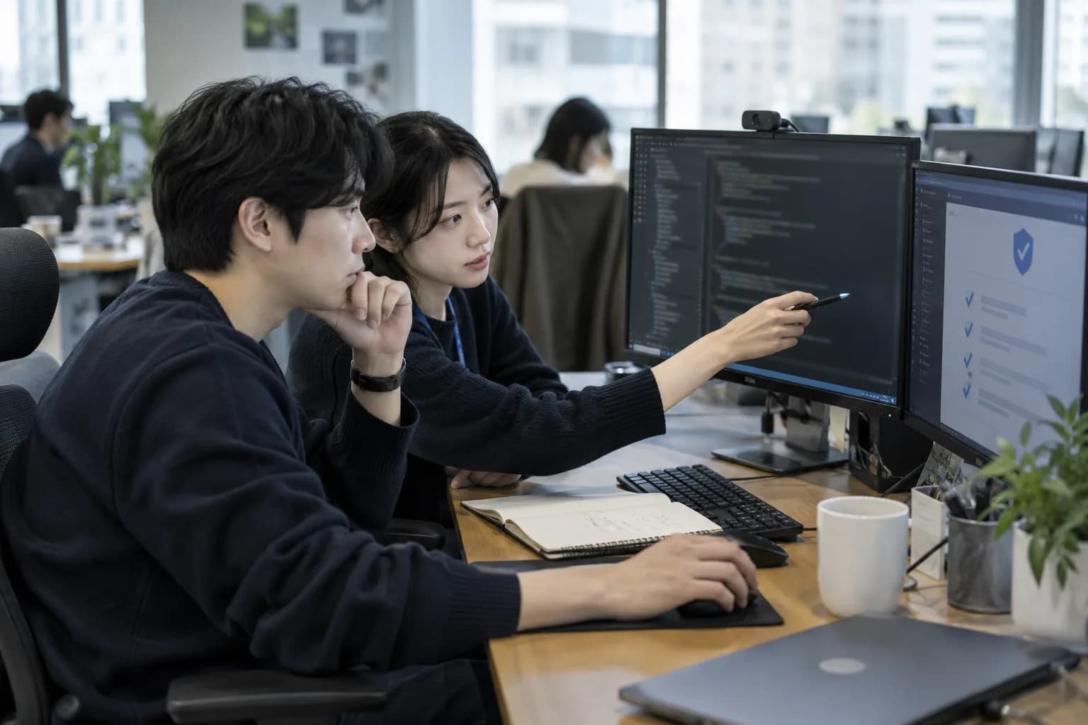 개발자 두 명이 코드와 보안 점검 목록을 함께 검토하는 실사풍 이미지